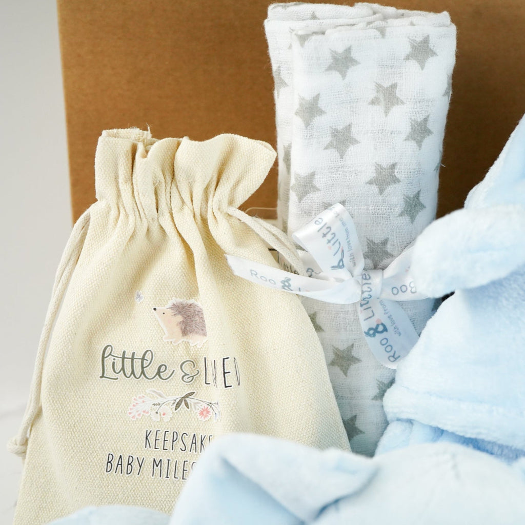 blue baby boy hamper , blue bunny comforter, blue soft bunny toy, baby dressing gown with cute ears, white booties, wooden memorable moment discs, baby muslin