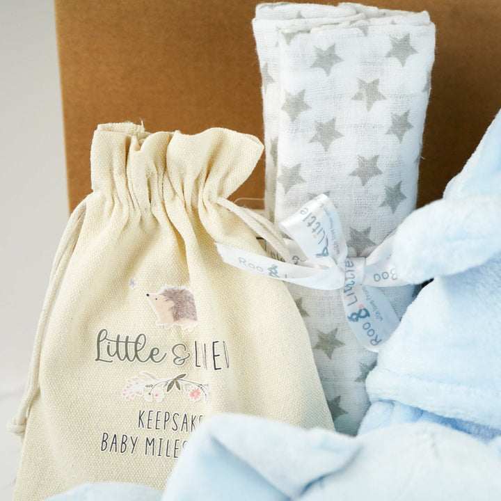 blue baby boy hamper , blue bunny comforter, blue soft bunny toy, baby dressing gown with cute ears, white booties, wooden memorable moment discs, baby muslin
