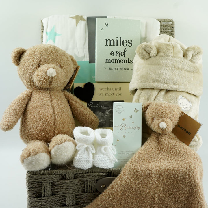 Pregnancy Teddy Bear Neutral Baby Hamper Basket, Aden & Anais Dream Baby Blanket, Baby Dressing Gown, baby scan frame, baby milestone cards m, white booties