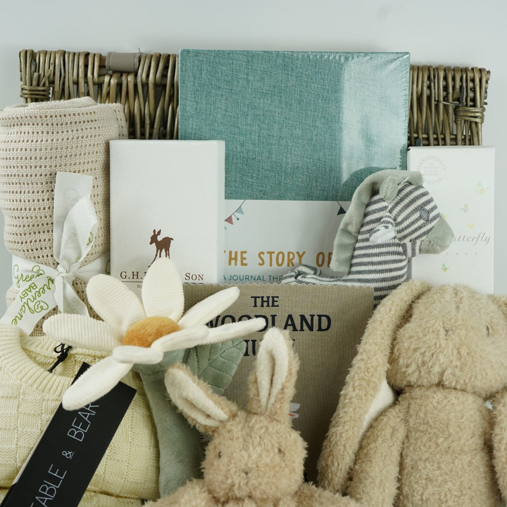 neutral baby hamper basket with caramel coloured organic cellular blanket, fabe and bear cream basket weave pattern baby 2 piece cream clothing set, bunny soft toy and matching baby comforter, luxury baby hairbrush, zebra stiped rattle, vavy diary, woodland rag book, organic baby bubble bath
