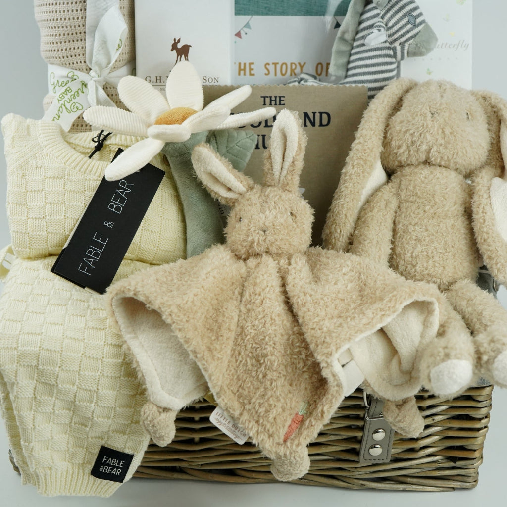 neutral baby hamper basket with caramel coloured organic cellular blanket, fabe and bear cream basket weave pattern baby 2 piece cream clothing set, bunny soft toy and matching baby comforter, luxury baby hairbrush, zebra stiped rattle, vavy diary, woodland rag book, organic baby bubble bath
