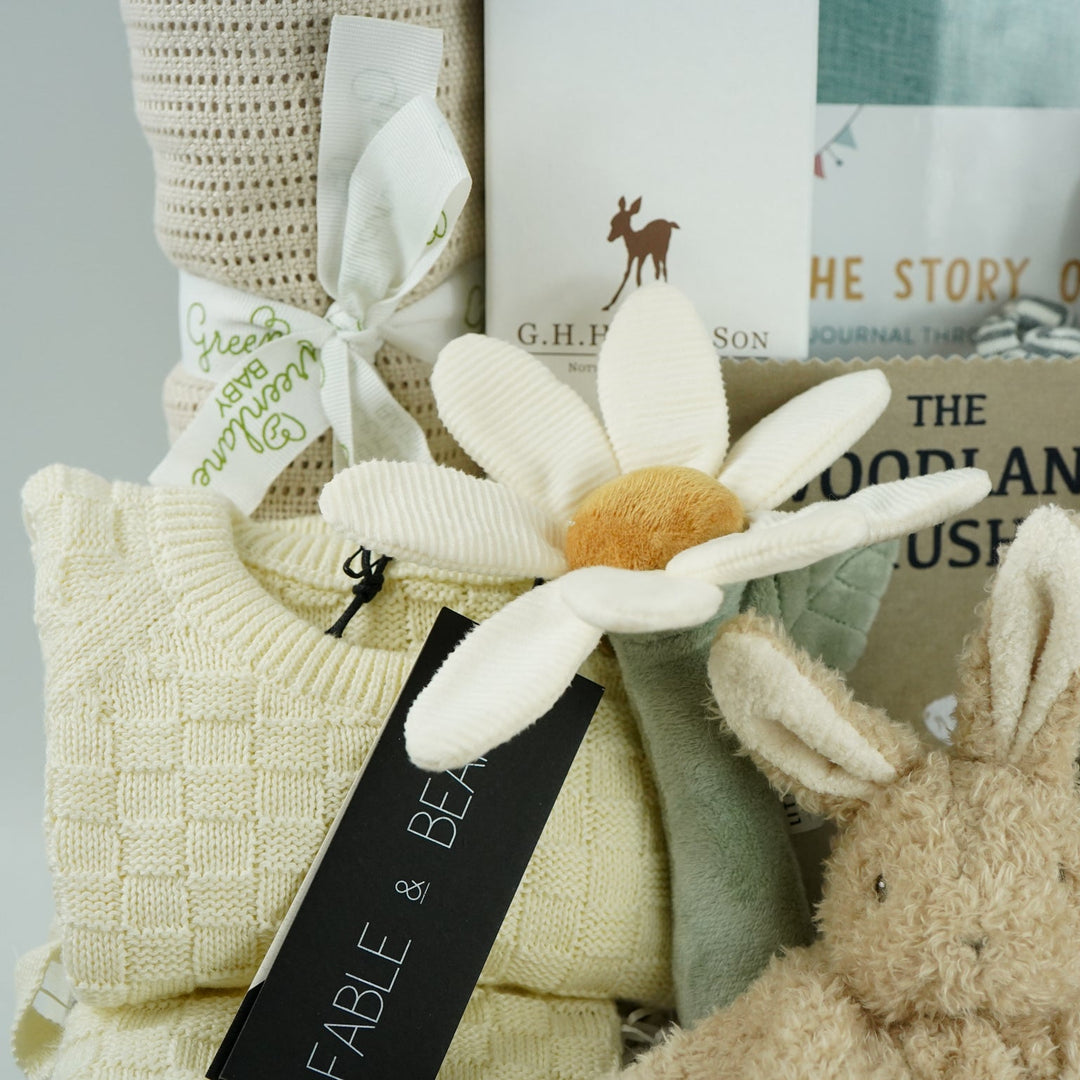 neutral baby hamper basket with caramel coloured organic cellular blanket, fable and bear cream basket weave pattern baby 2 piece cream clothing set, bunny soft toy and matching baby comforter, luxury baby hairbrush, zebra stiped rattle, baby diary, woodland rag book, organic baby bubble bath