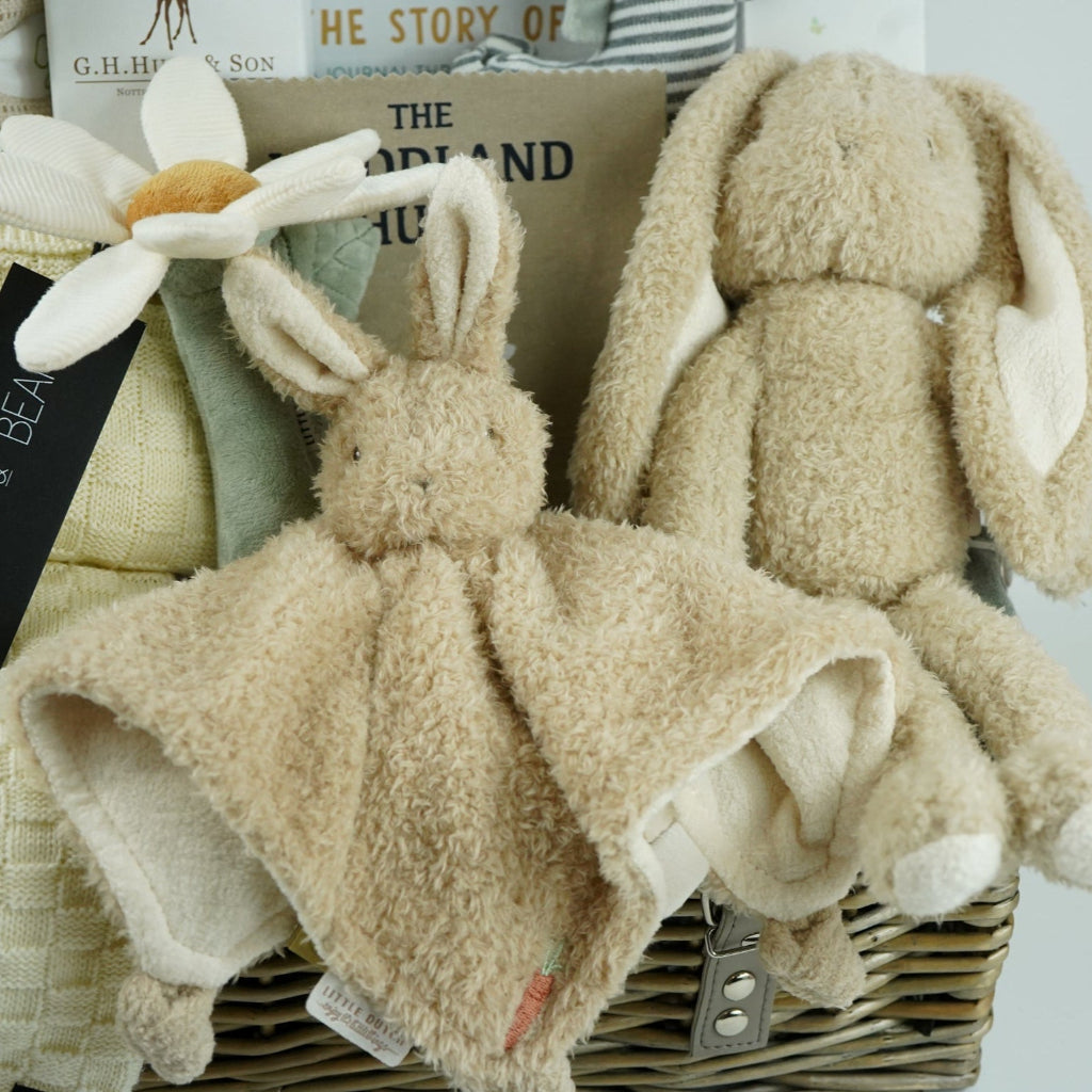neutral baby hamper basket with caramel coloured organic cellular blanket, fable and bear cream basket weave pattern baby 2 piece cream clothing set, bunny soft toy and matching baby comforter, luxury baby hairbrush, zebra stiped rattle, baby diary, woodland rag book, organic baby bubble bath