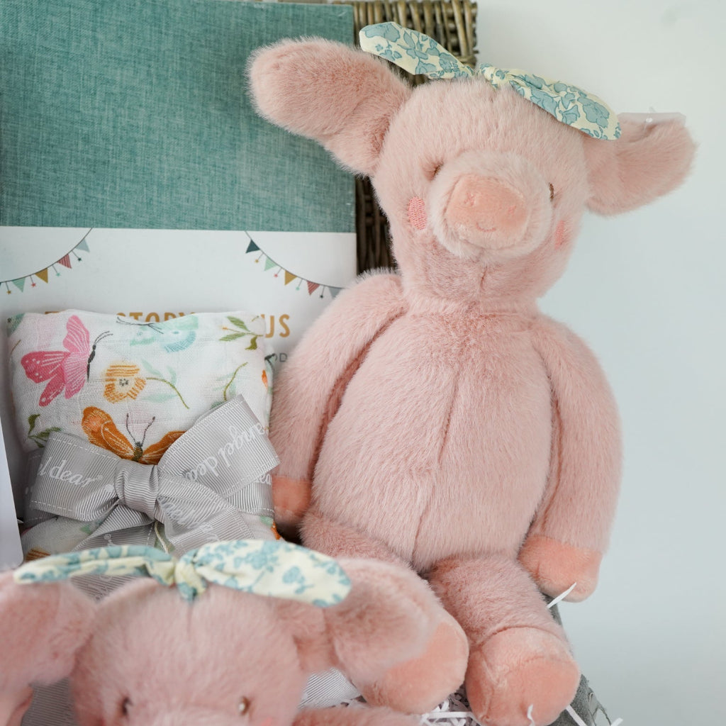 baby girl  hamper basket, pink pig baby comforter with chintz headband, pink pig soft toy with chintz headband, baby journal, organic baby toiletries, pink baby  bookies with a large bow,, Baby outfit -sleepsuit with lace chest area and matching hat in pink, soft luxury baby muslin swaddle with butterfly pattern, baby blanket in pink, white and green stripe
