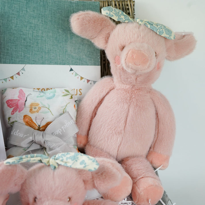 baby girl  hamper basket, pink pig baby comforter with chintz headband, pink pig soft toy with chintz headband, baby journal, organic baby toiletries, pink baby  bookies with a large bow,, Baby outfit -sleepsuit with lace chest area and matching hat in pink, soft luxury baby muslin swaddle with butterfly pattern, baby blanket in pink, white and green stripe