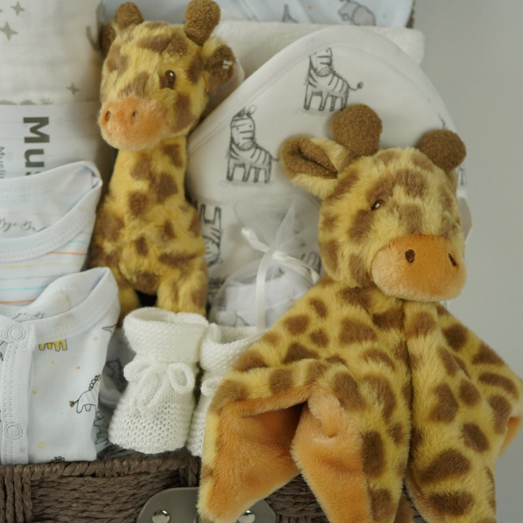 SAFARI THEMED BABY HAMPER, BABY CLOTHING SET, BABY CLOTHING SET, BOOTIES, GIRAFFE SOFT TOY AND COMOFTER, ZEBRA HOODED BABY BATH TOWEL