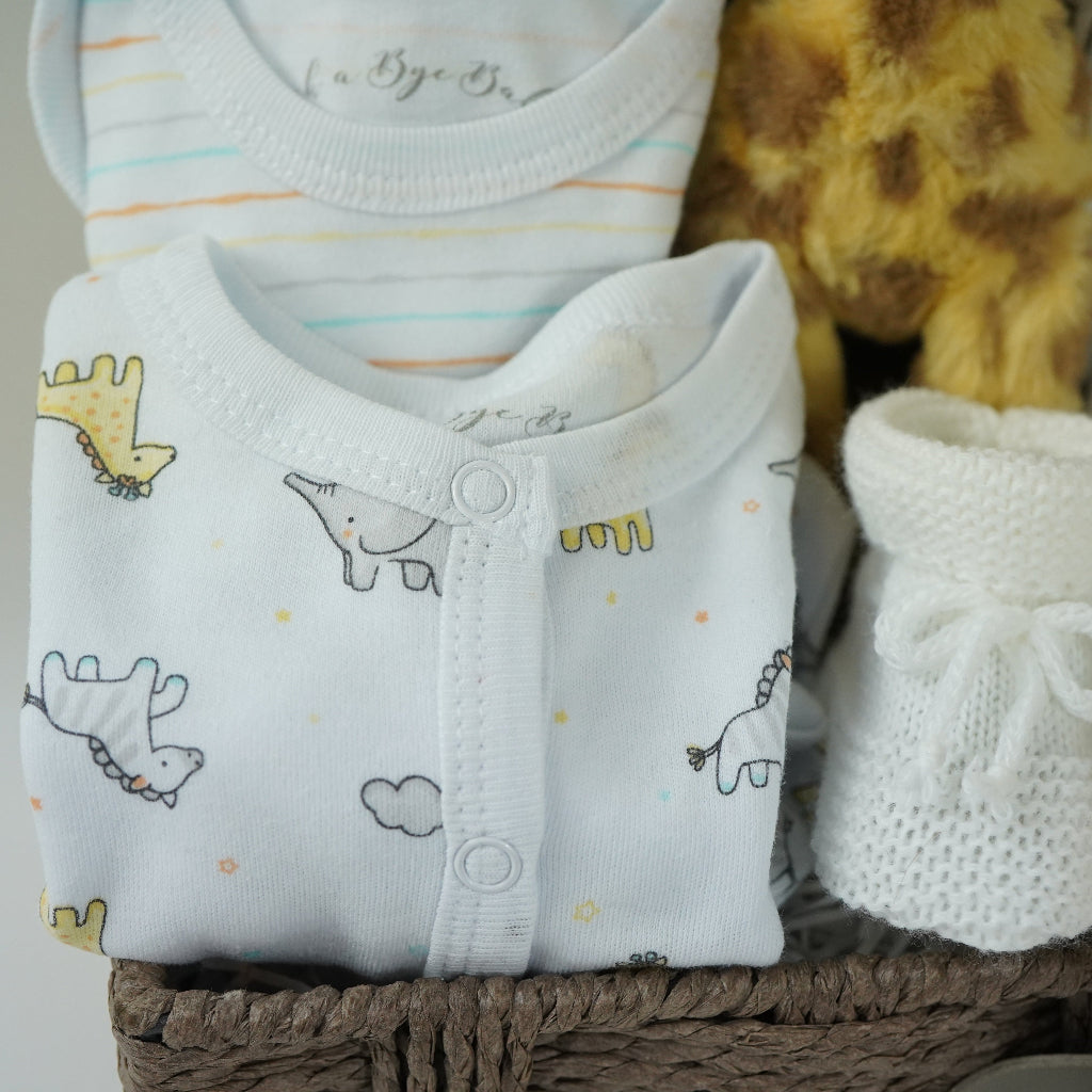 Neutral Baby Safari Hamper, Baby Bath Tower And Muslin Blanket, Giraffe Soft Toy