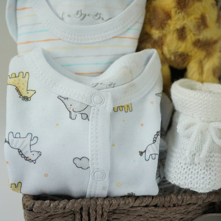 Neutral Baby Safari Hamper, Baby Bath Tower And Muslin Blanket, Giraffe Soft Toy
