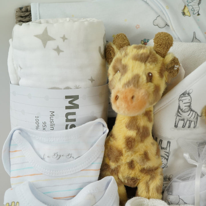 SAFARI THEMED BABY HAMPER, BABY CLOTHING SET, BABY CLOTHING SET, BOOTIES, GIRAFFE SOFT TOY AND COMOFTER, ZEBRA HOODED BABY BATH TOWEL