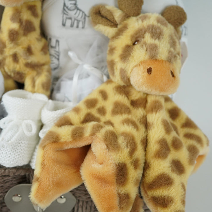 SAFARI THEMED BABY HAMPER, BABY CLOTHING SET, BABY CLOTHING SET, BOOTIES, GIRAFFE SOFT TOY AND COMOFTER, ZEBRA HOODED BABY BATH TOWEL