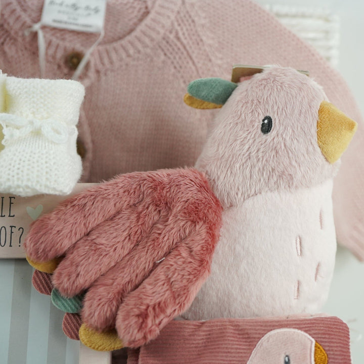 luxury baby girl hamper in mainly pink and white includes soft stroller book with a pink bird, butterflies and caterpillar theme, pink bird soft toy, white knit baby booties, dusky pink reversible baby blanket and pink baby girl picture frame and a pink baby girl cardigan in a white paper rope hamper basket