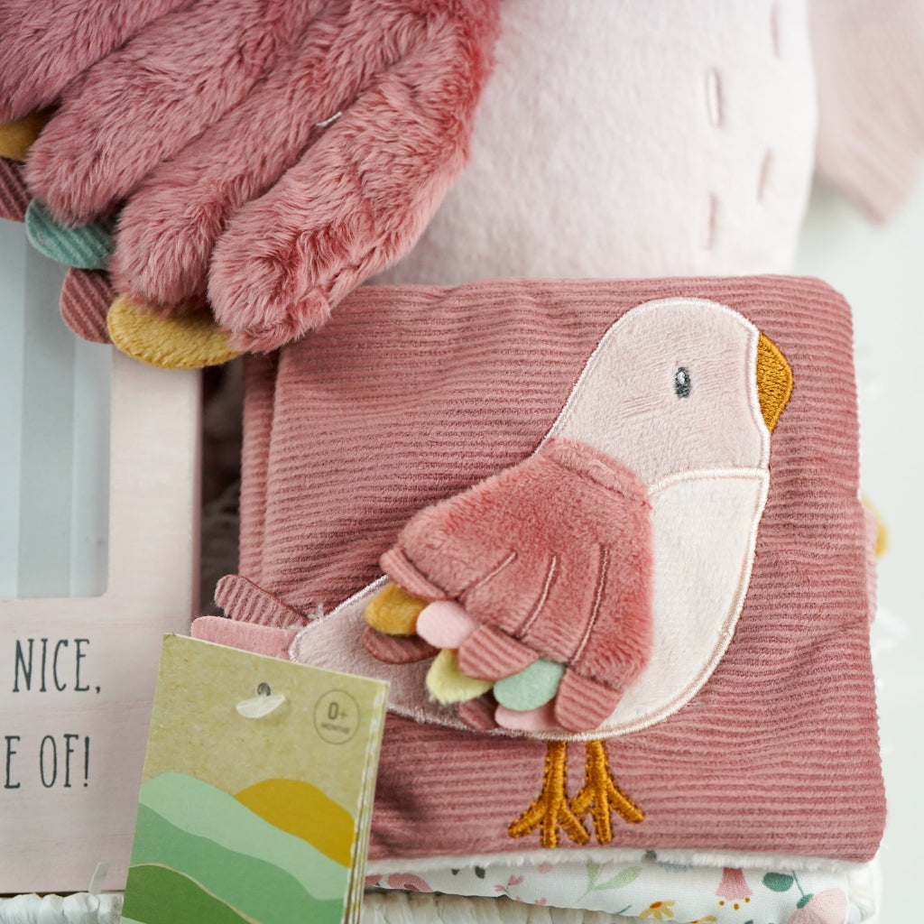 luxury baby girl hamper in mainly pink and white includes soft stroller book with a pink bird, butterflies and caterpillar theme, pink bird soft toy, white knit baby booties, dusky pink reversible baby blanket and pink baby girl picture frame and a pink baby girl cardigan in a white paper rope hamper basket