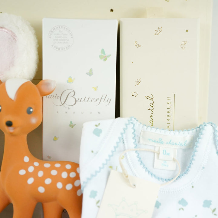 luxury baby gift in crean luxury gift box includes a bodysuit and hat, organic baby toiletries, luxury gift boxed hairbrush soft ody mouse toy , Fanfan teether toy