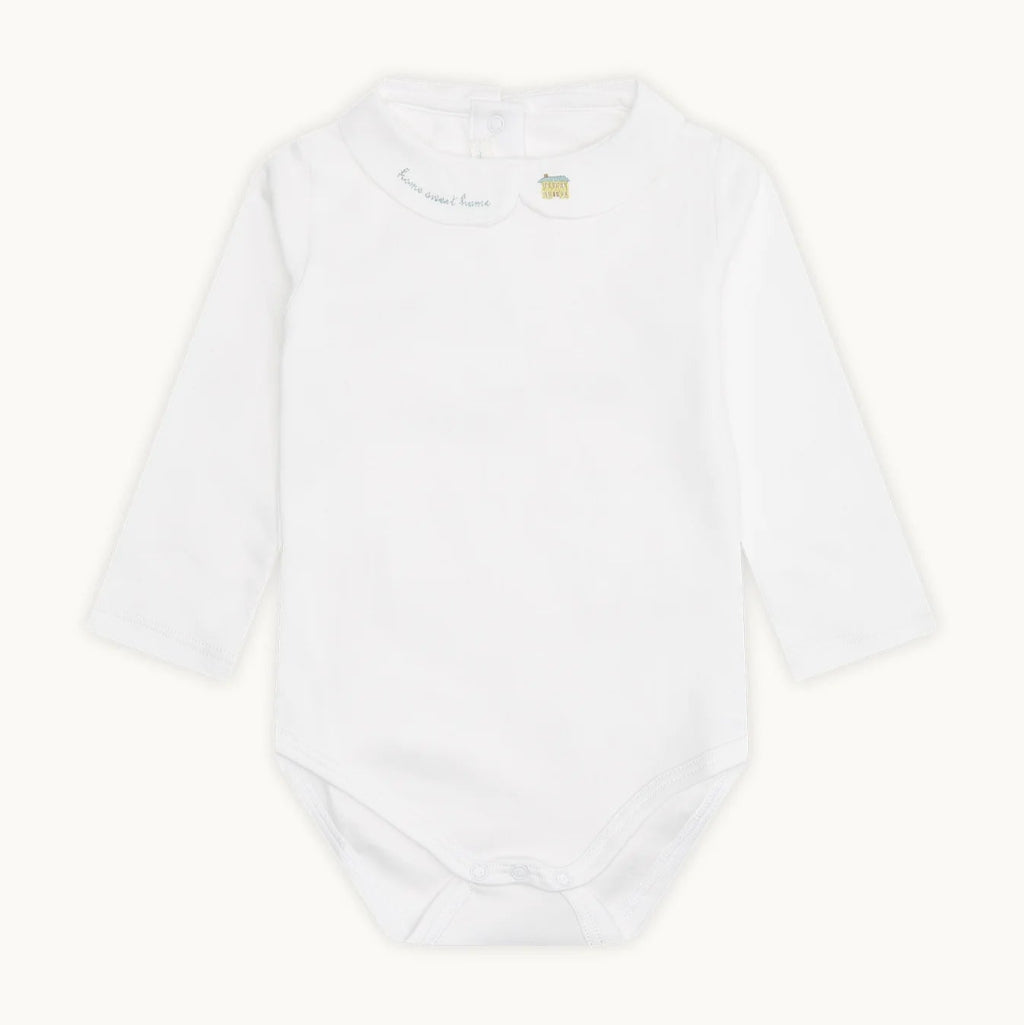 baby white prima cotton bodysuit with embroidered collar