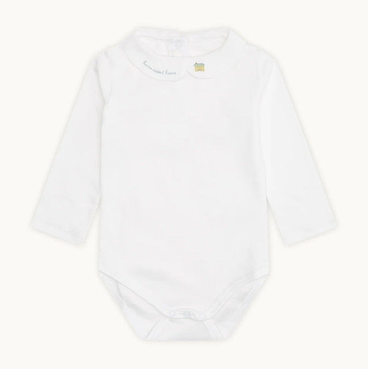 baby white prima cotton bodysuit with embroidered collar
