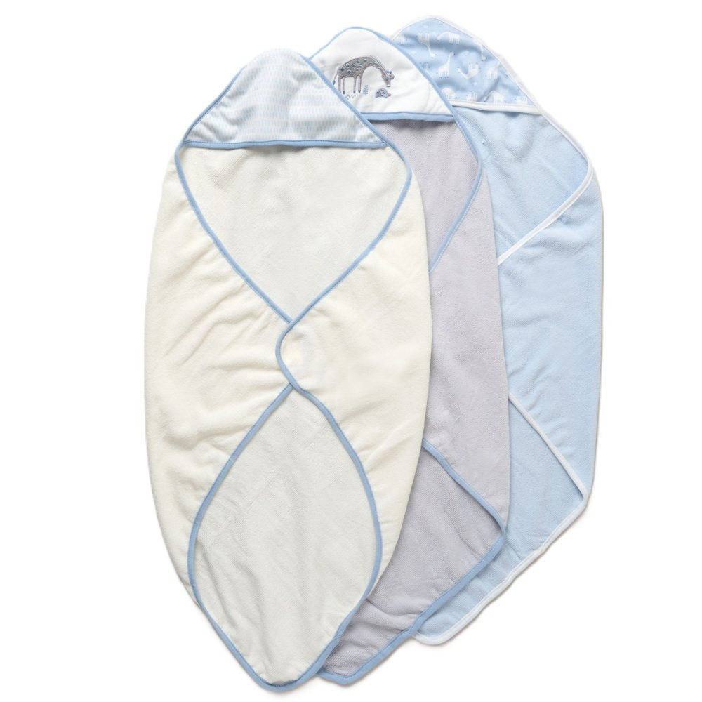 pack of three blue and white baby hooded towels with 3 blue and white baby wash cloths