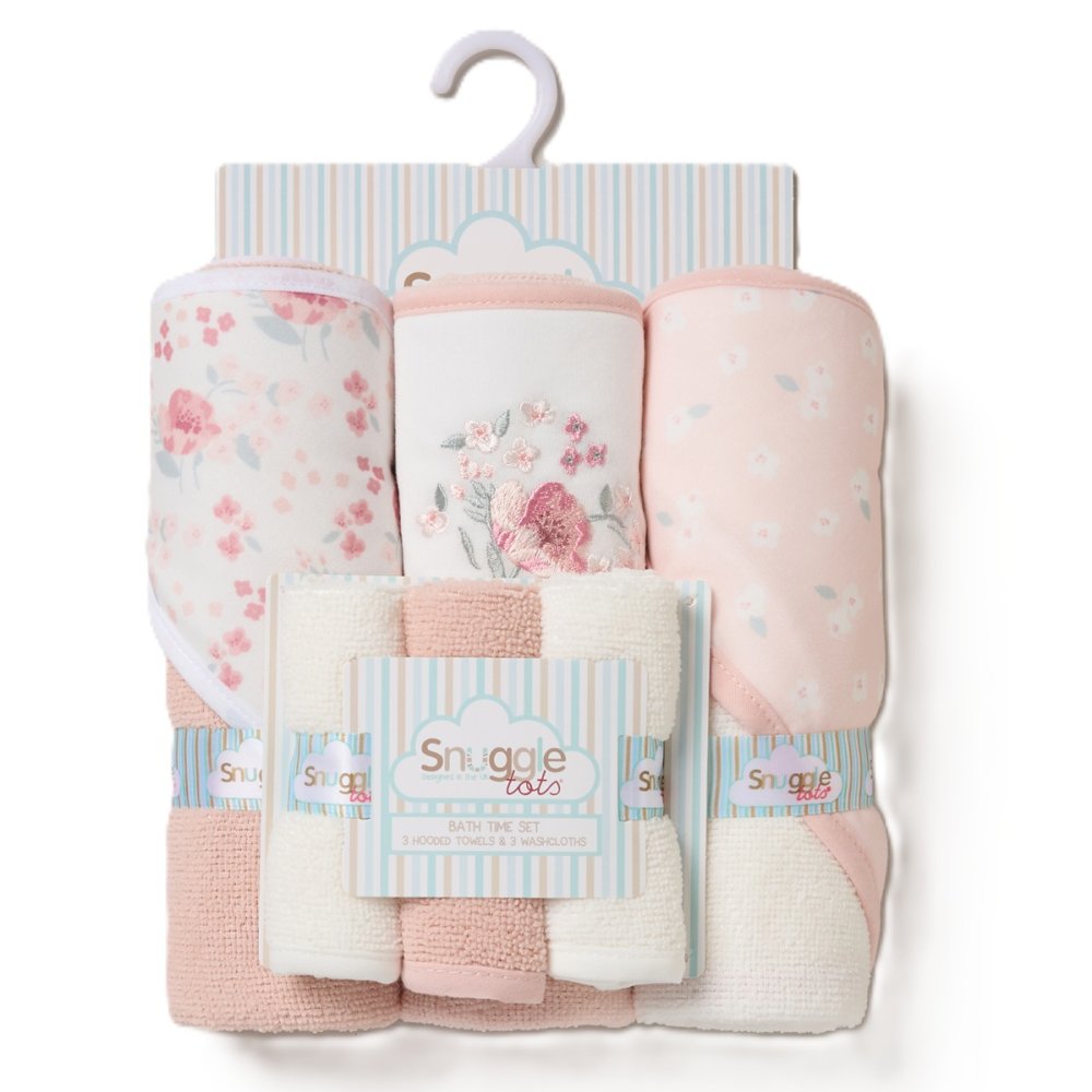 Baby Girl Hooded Towels With Floral Design & Washcloths , Baby Essential Bath Time Set