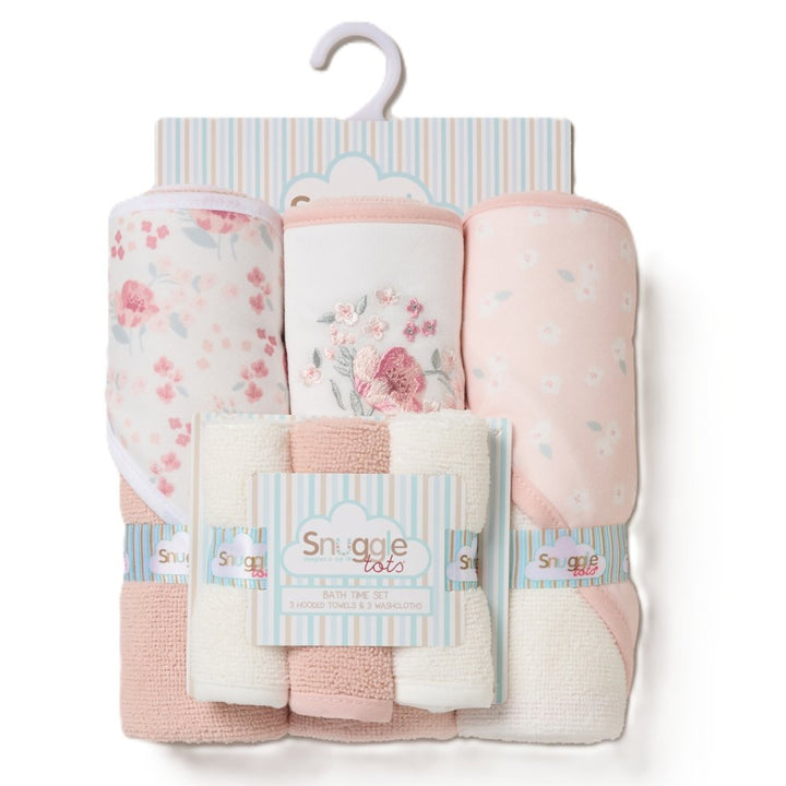 Baby Girl Hooded Towels With Floral Design & Washcloths , Baby Essential Bath Time Set
