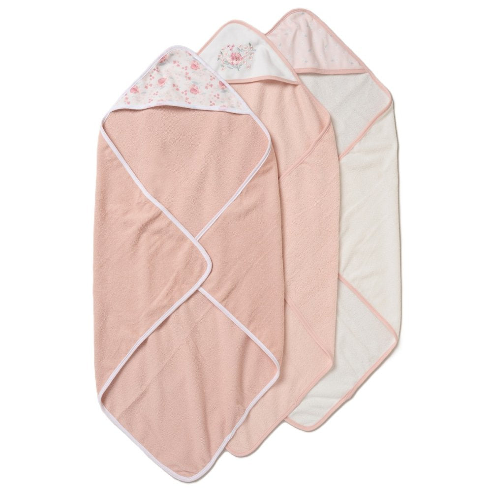 Baby Girl Hooded Towels With Floral Design & Washcloths , Baby Essential Bath Time Set