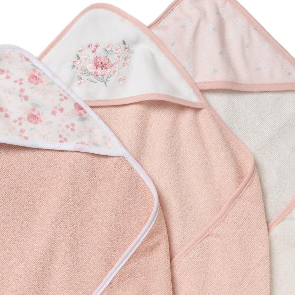 Baby Girl Hooded Towels With Floral Design & Washcloths , Baby Essential Bath Time Set