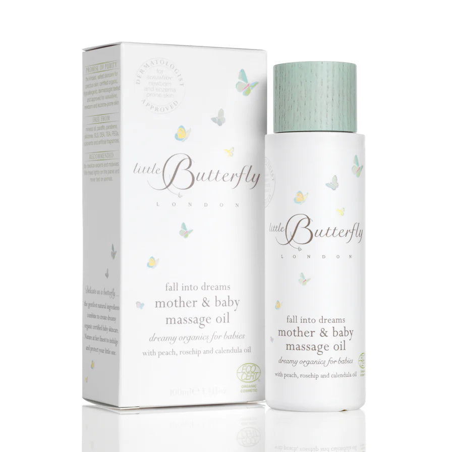 Organic baby and mother massage oil in white box