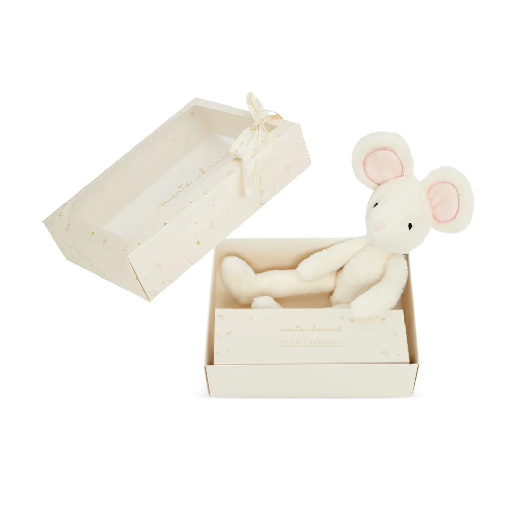 Gift box with soft mouse toy and luxury baby hairbrush.