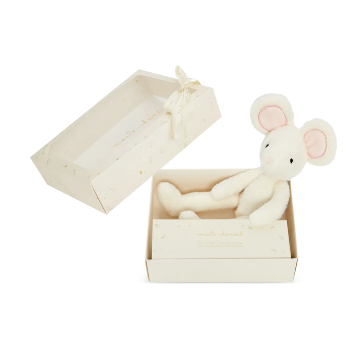 Gift box with soft mouse toy and luxury baby hairbrush.
