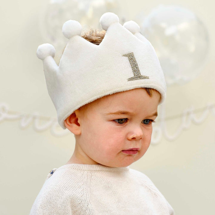 white fabric first birthday crown  with white pom poms