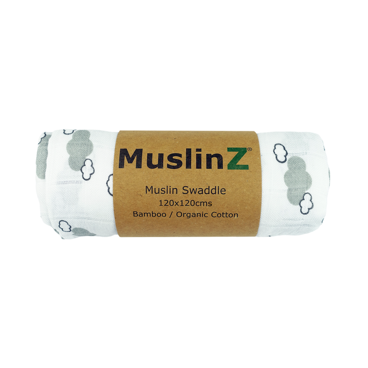 Muslin Baby Swaddle in White With Grey Clouds Bamboo And Organic Cotton