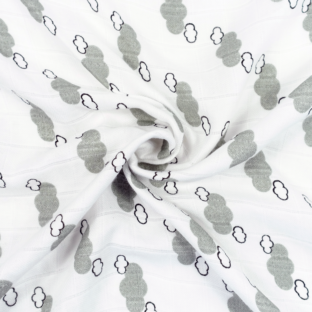 Muslin Baby Swaddle in White With Grey Clouds Bamboo And Organic Cotton