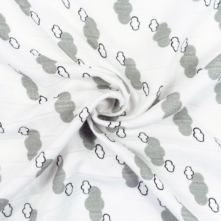 Muslin Baby Swaddle in White With Grey Clouds Bamboo And Organic Cotton