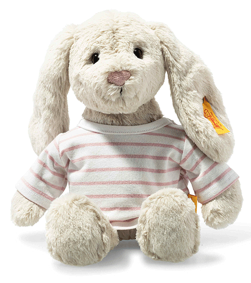 Soft cuddly steiff rabbit in grey with a pink and white striped t shirt