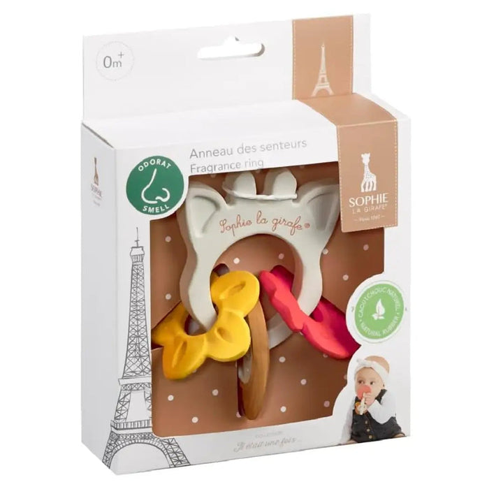 Colorful baby teether with 'Sophie la girafe' branding on a white background