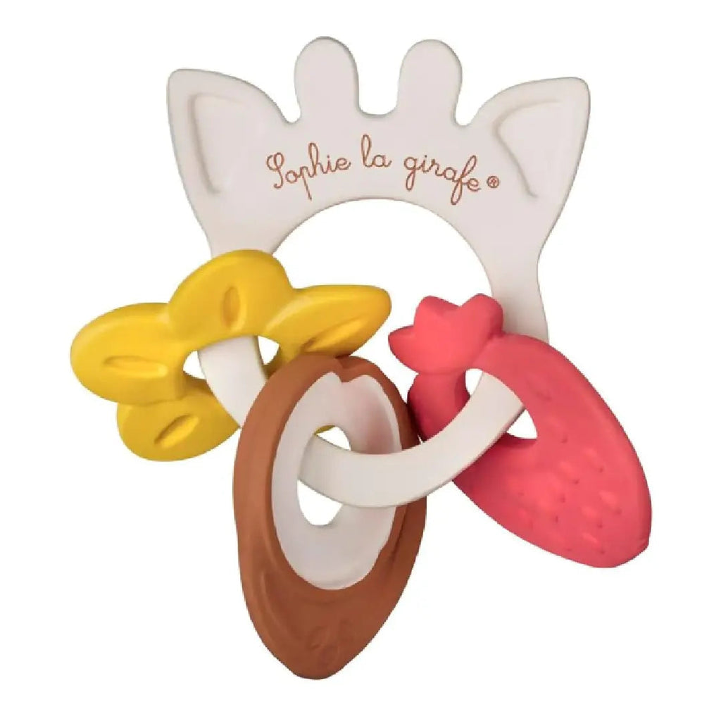Colorful baby teether with 'Sophie la girafe' branding on a white background