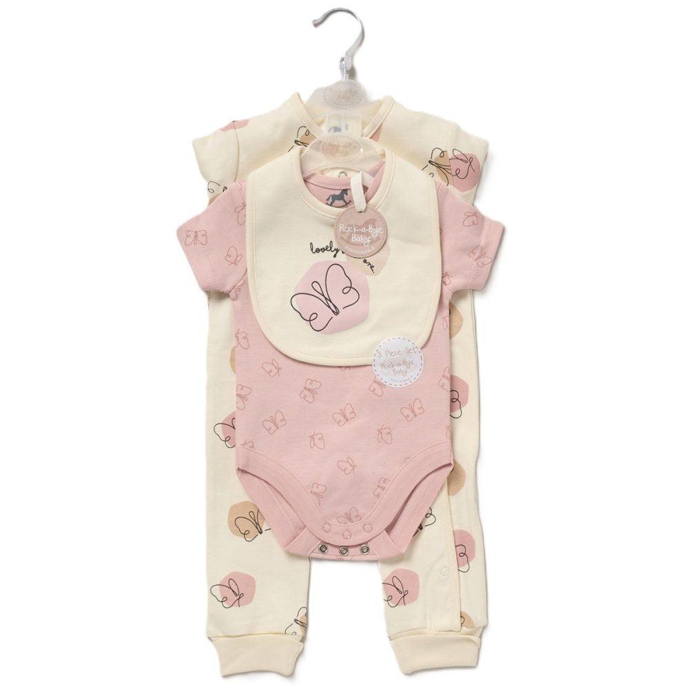 Baby Girl Clothing Set, Cream & Pink With Butterflies