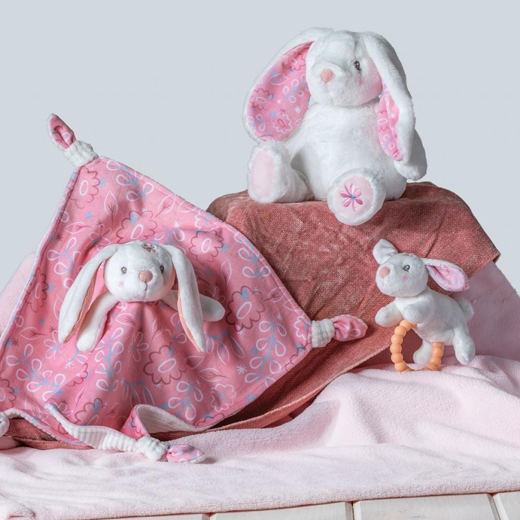 plush bunny comforter in pink and white