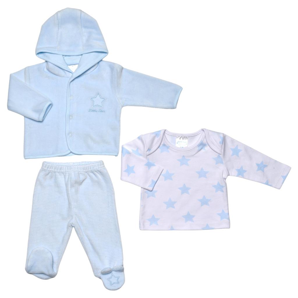 baby boy clothing set includes blue velour jacket with a star and writing lieelt star, striped velour baby leggings with feet, white with blue stars envelope neck top