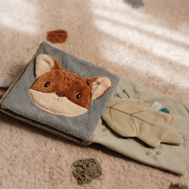 Forest friends soft baby activity book with fox  on the cover and taggies