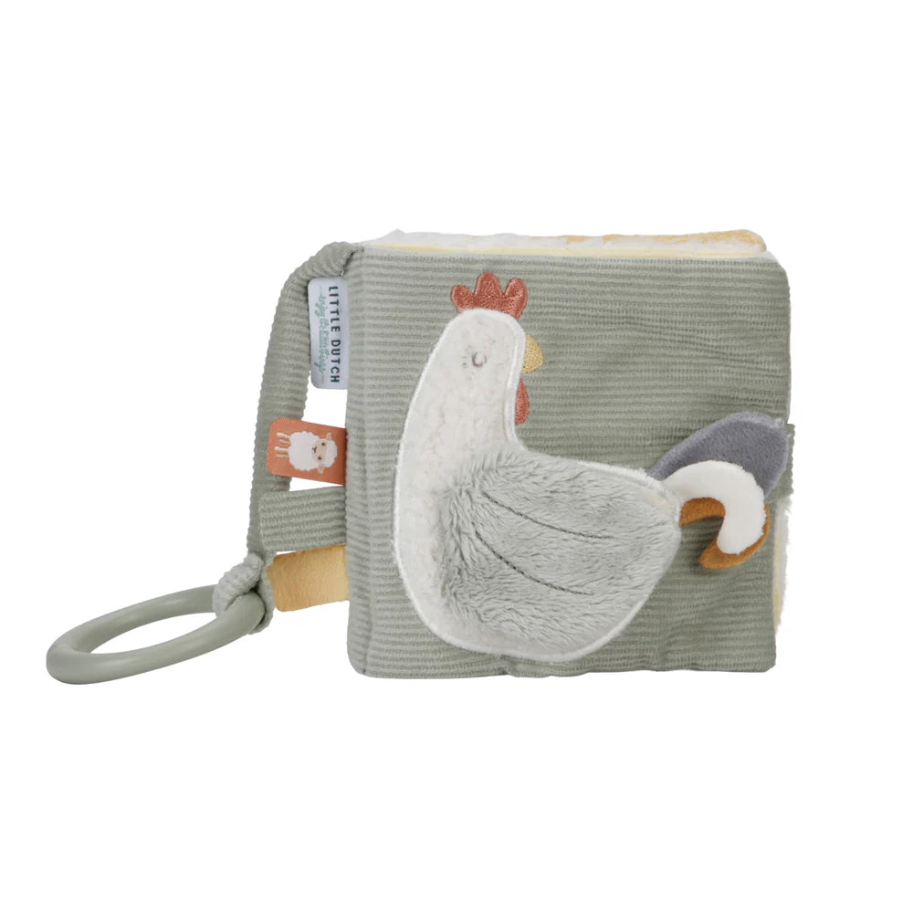 soft green cordroy stroller book, far animals and taggies