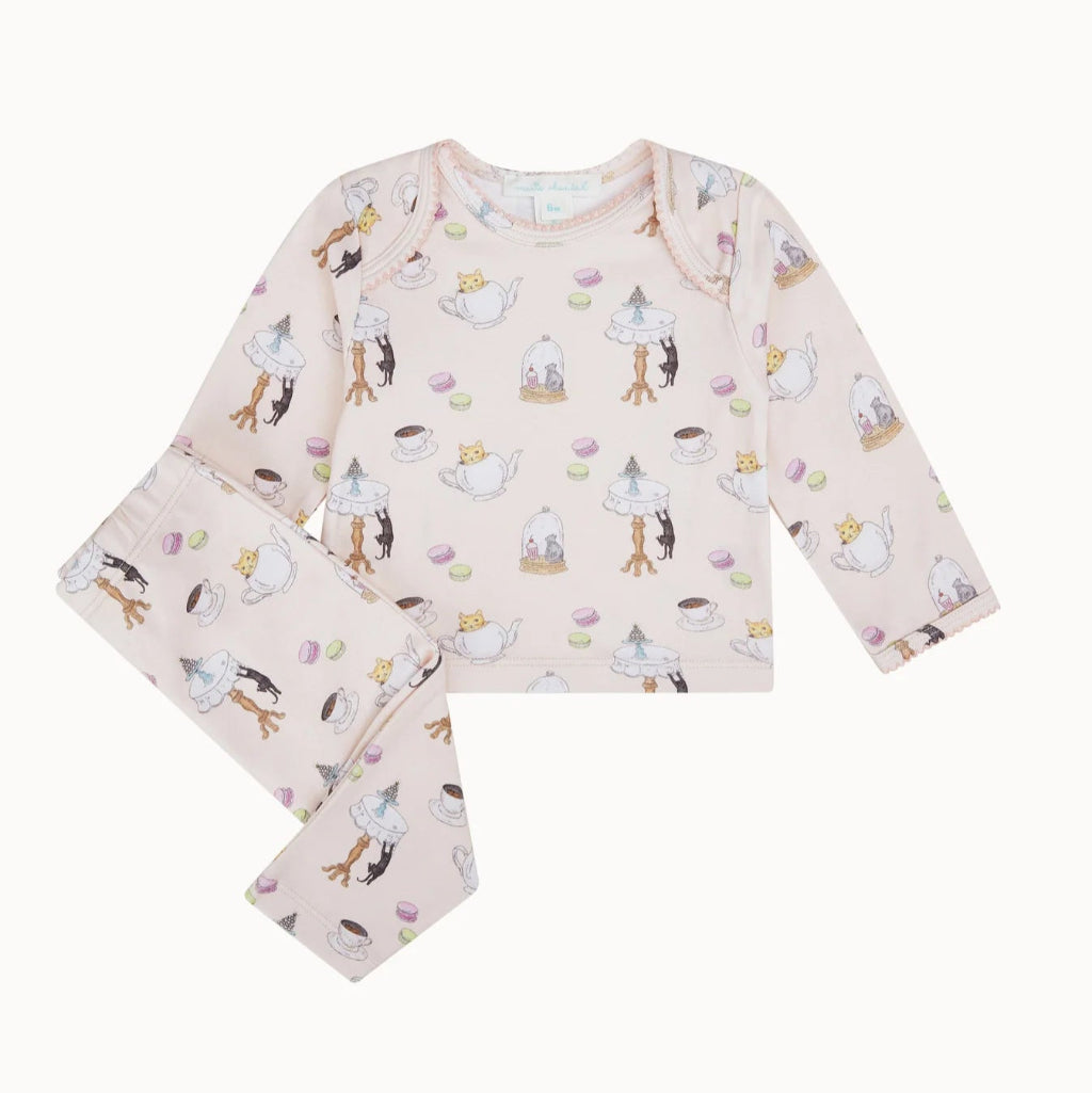 pink baby organic cotton 2 piece set with kittens tea set on