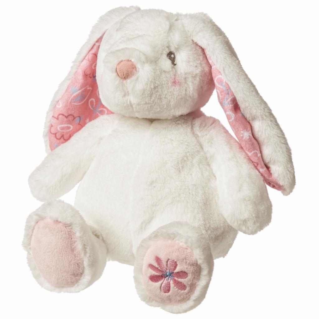 soft plush fluffy floppy bunny with pink floral inner ears and embroidered flower on foot