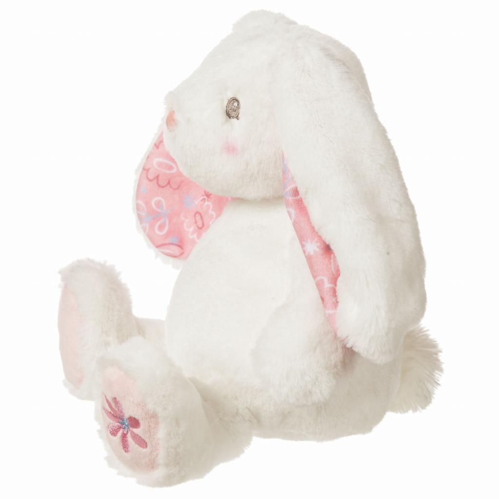 soft plush fluffy floppy bunny with pink floral inner ears and embroidered flower on foot