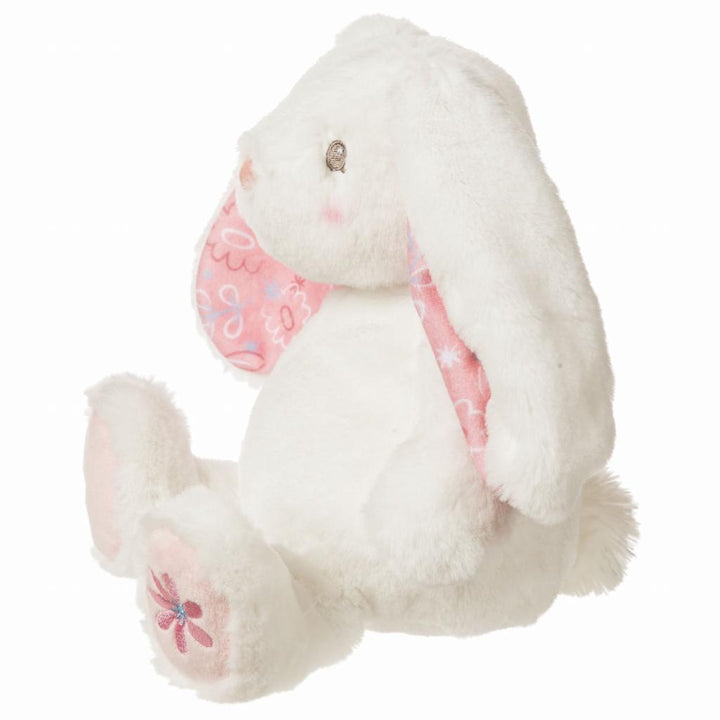 soft plush fluffy floppy bunny with pink floral inner ears and embroidered flower on foot