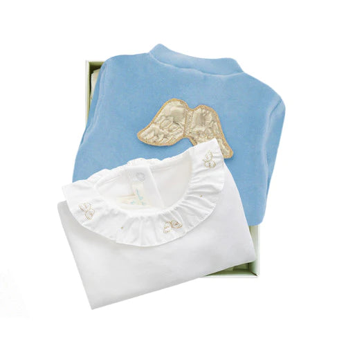 Soft dusty blue velour sleepsuit with gold angel wings by Marie- Chantal, white bodysuit with frilled collar with golf angel wing embroidery