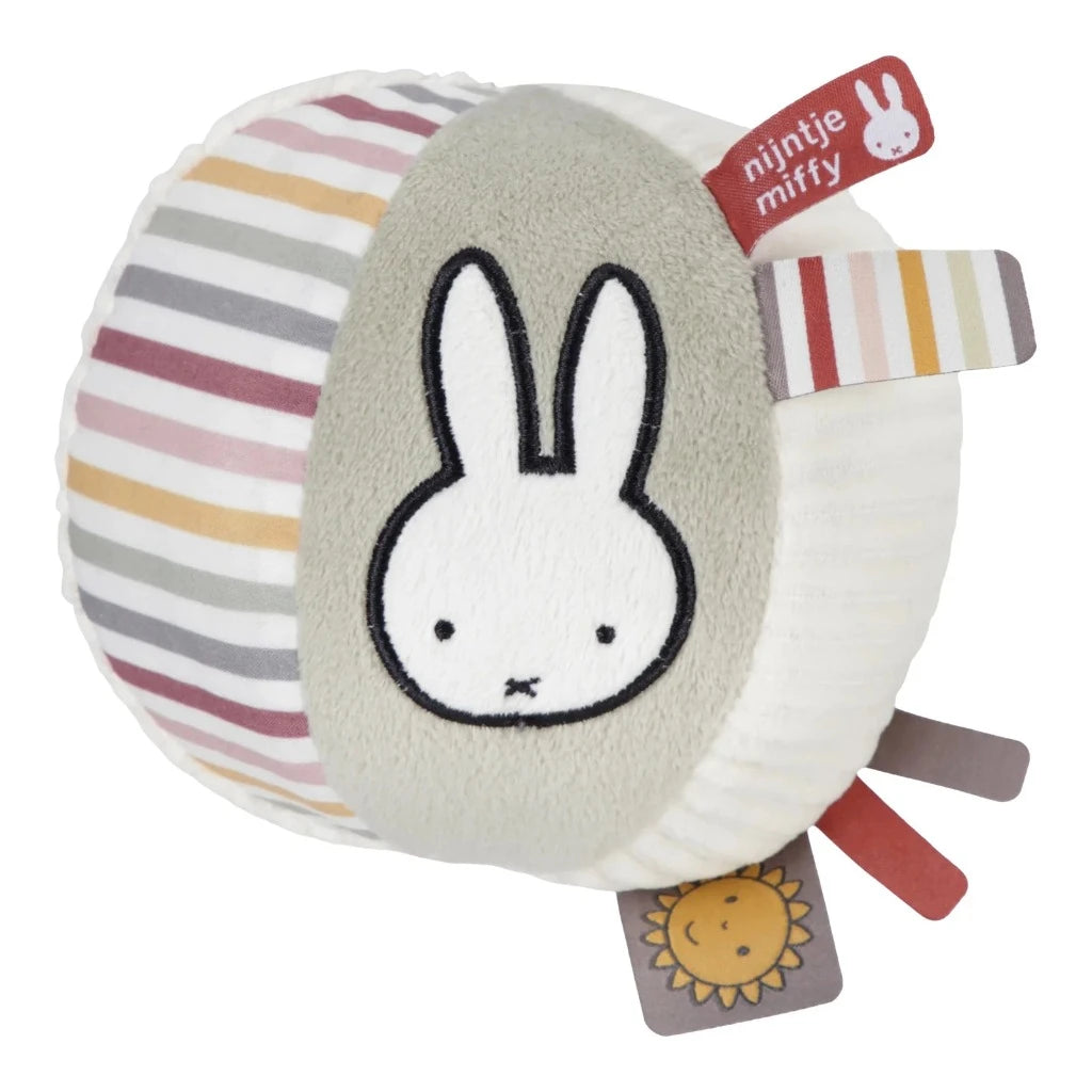 Soft fluffy baby ball with taggies and Miffy face,