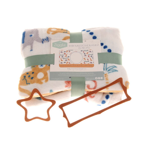 White with safari animals baby milestone blanket
