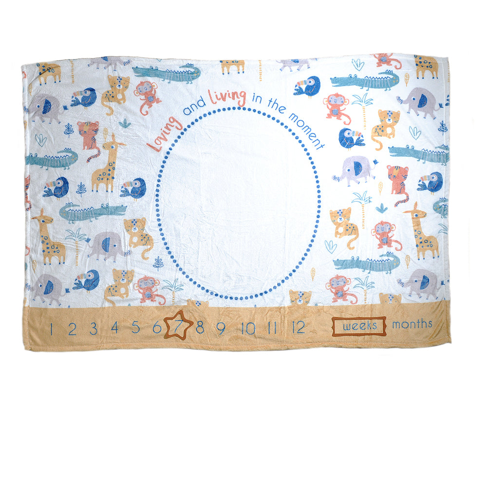 White with safari animals baby milestone blanket