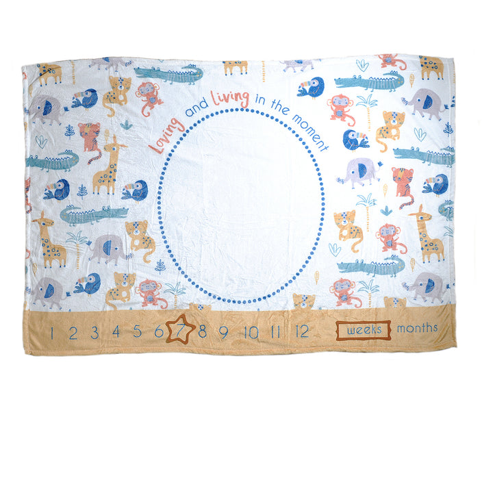 White with safari animals baby milestone blanket