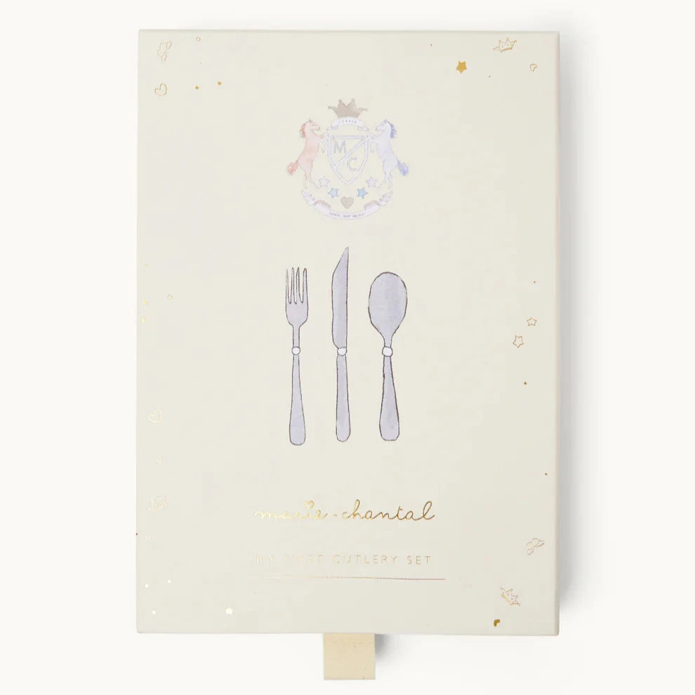 gift boxed luxury baby cutlery set includes knife, fork and spoon