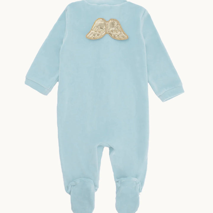 Luxury velour dusty blue baby sleepsuit with gold angel wings